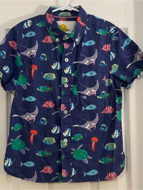 Mini Boden Boy Navy Short Sleeve Button Down with Multicolor Sea Fish Print